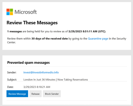 Microsoft quarantine notification email